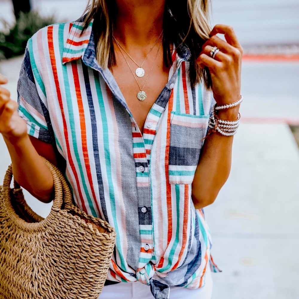 a.n.a A NEW APPROACH Sz S Striped Button Front Short Sleeve Cotton/Rayon Shirt - Picture 10 of 10